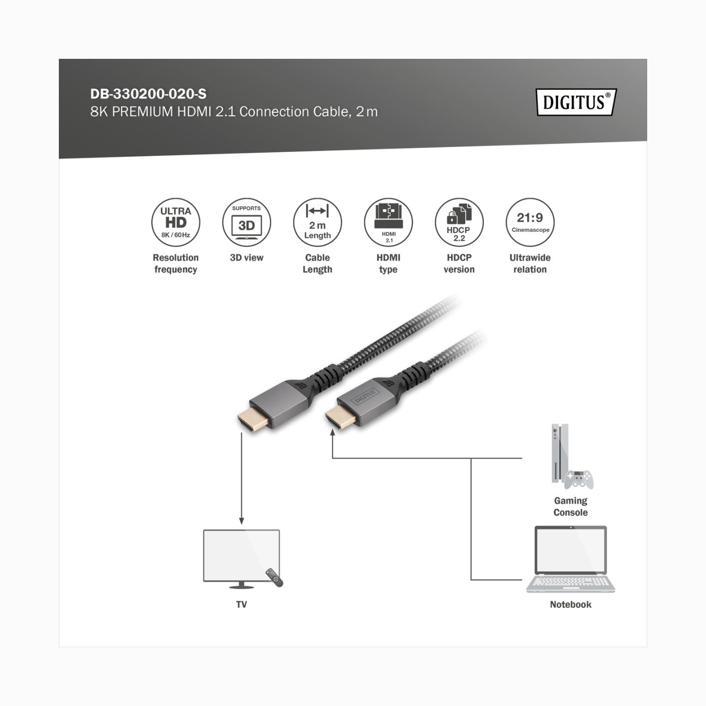 Digitus 8K HDMI Ultra High Speed Connection Cable | DB-330200-020-S | 2 m
