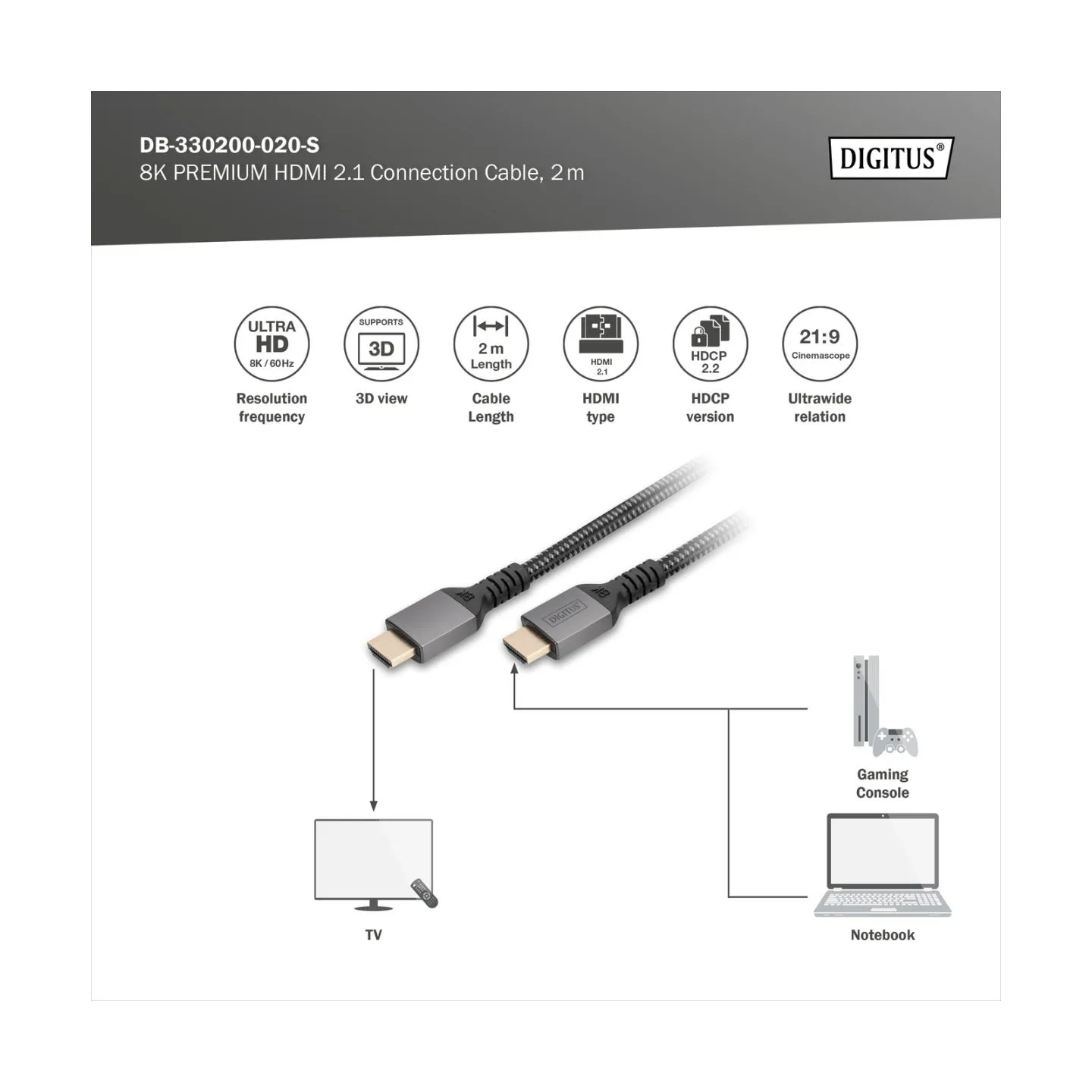 Digitus 8K HDMI Ultra High Speed Connection Cable | DB-330200-020-S | 2 m