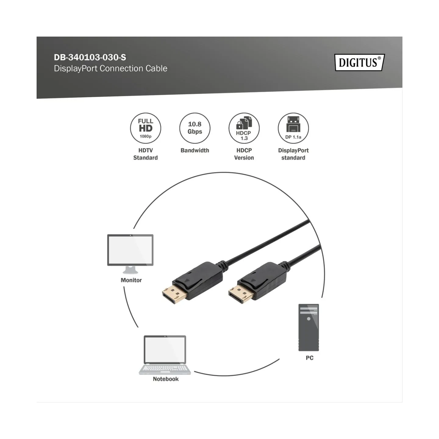 Digitus | DisplayPort Connection Cable | AK-340103-030-S | 3 m