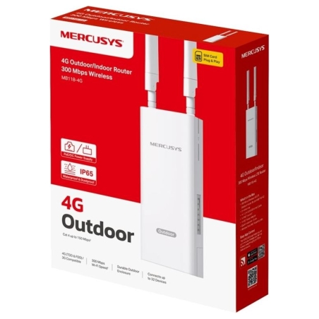 Mercusys MB118-4G | 300 Mbps Wireless 4G LTE Outdoor/Indoor Router | 802.11b | Ethernet LAN (RJ-45) ports 1 | Mesh Support No | 