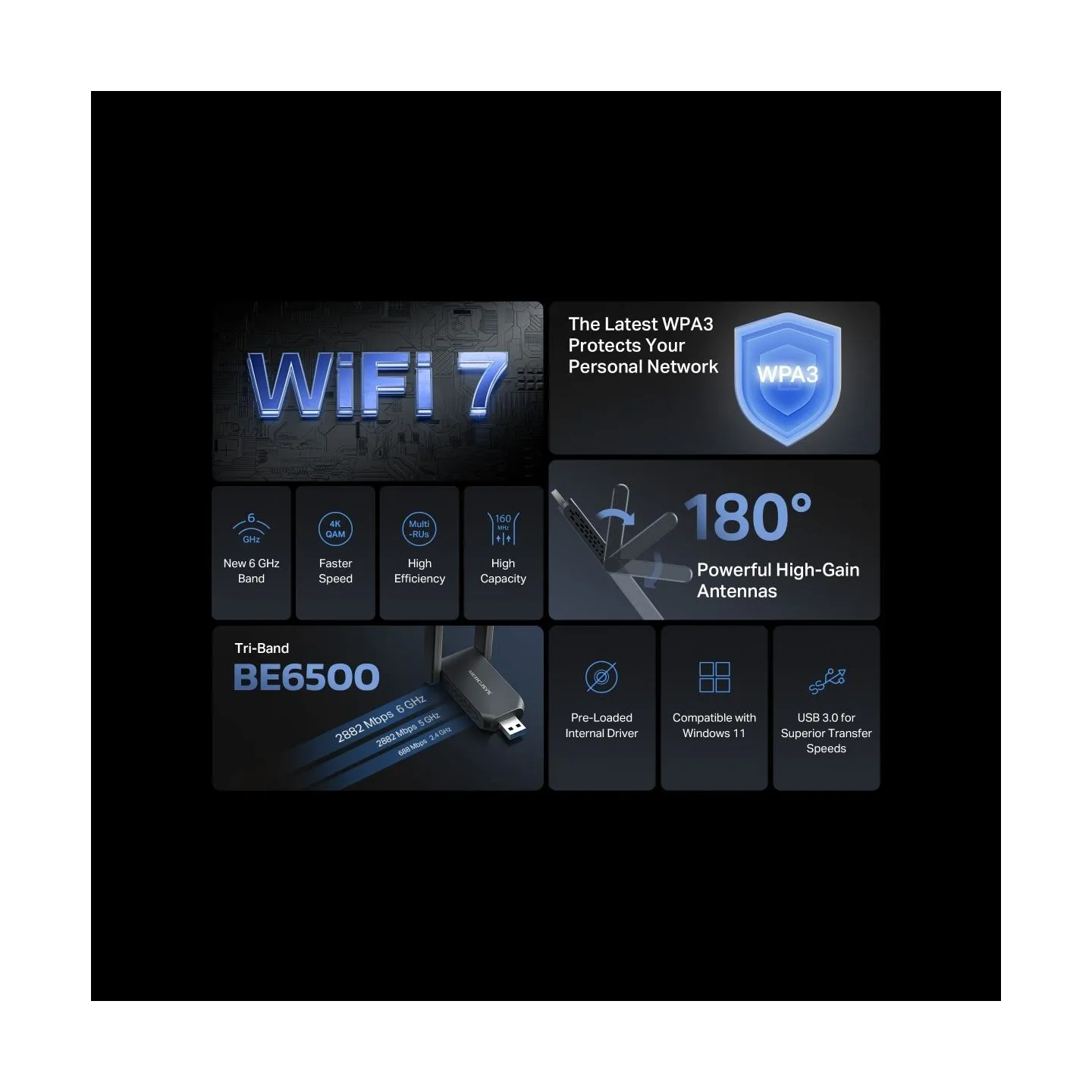 Mercusys MA37BEH | BE6500 Wi-Fi 7 High-Gain Wireless USB Adapter