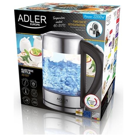 Adler | Kettle | AD 1247 | With electronic control | 1850 W | 1.7 L | Stainless steel/Glass | 360° rotational base | Stainless s