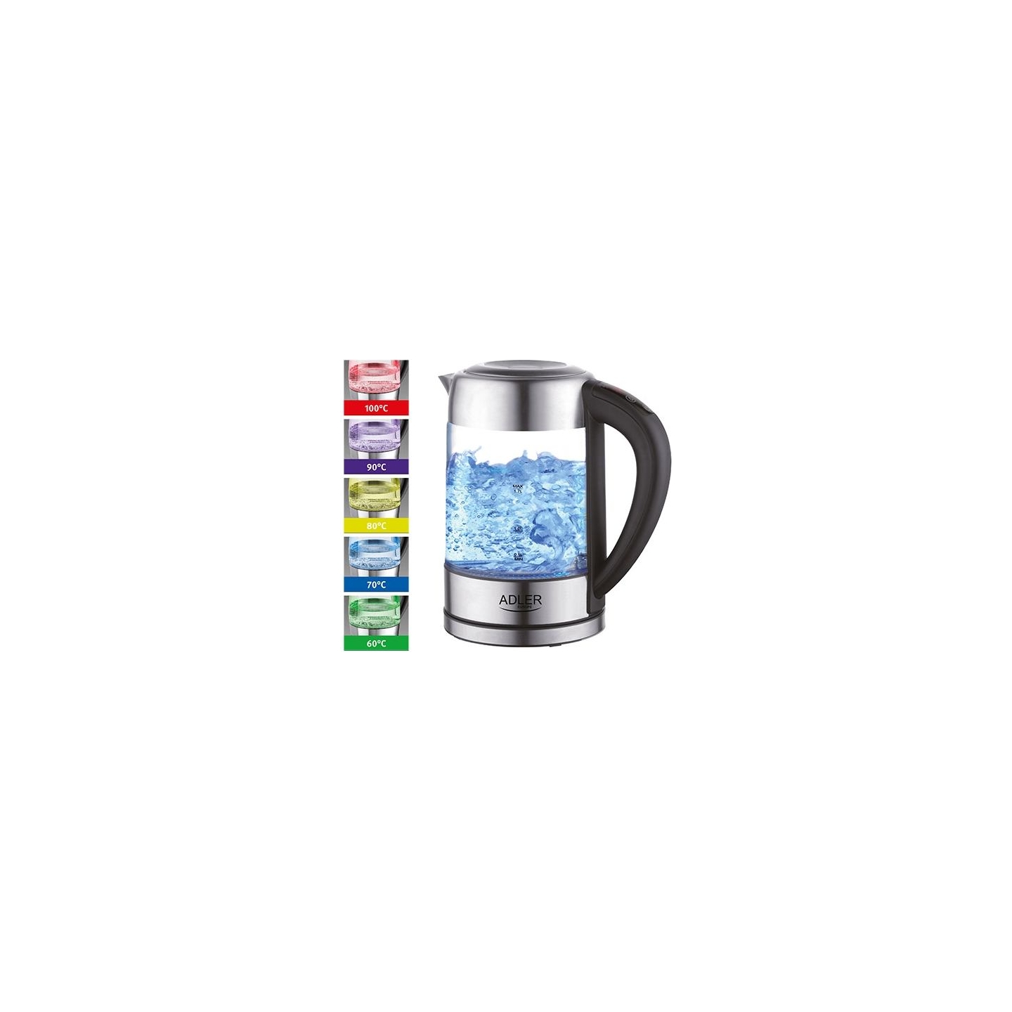 Adler | Kettle | AD 1247 | With electronic control | 1850 W | 1.7 L | Stainless steel/Glass | 360° rotational base | Stainless s