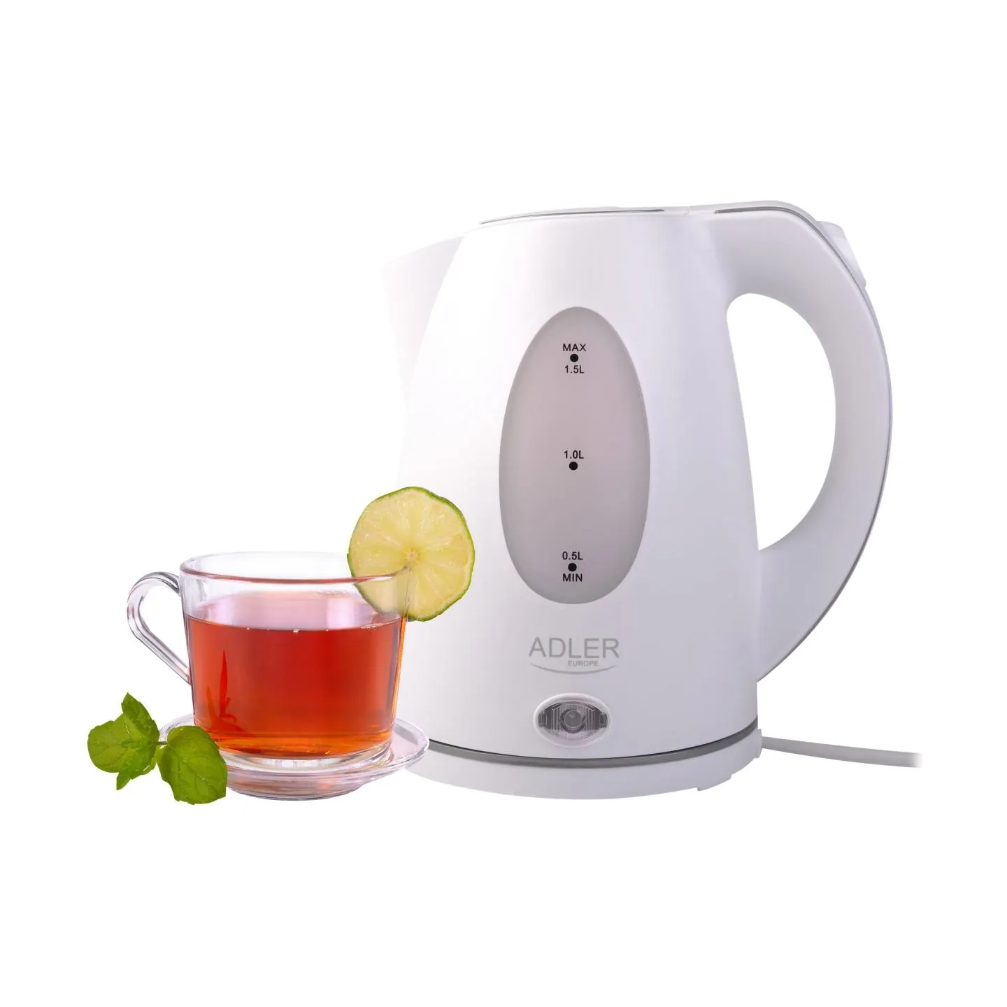 Adler | Kettle | AD 1207 | Standard | 2000 W | 1.5 L | Plastic | 360° rotational base | White