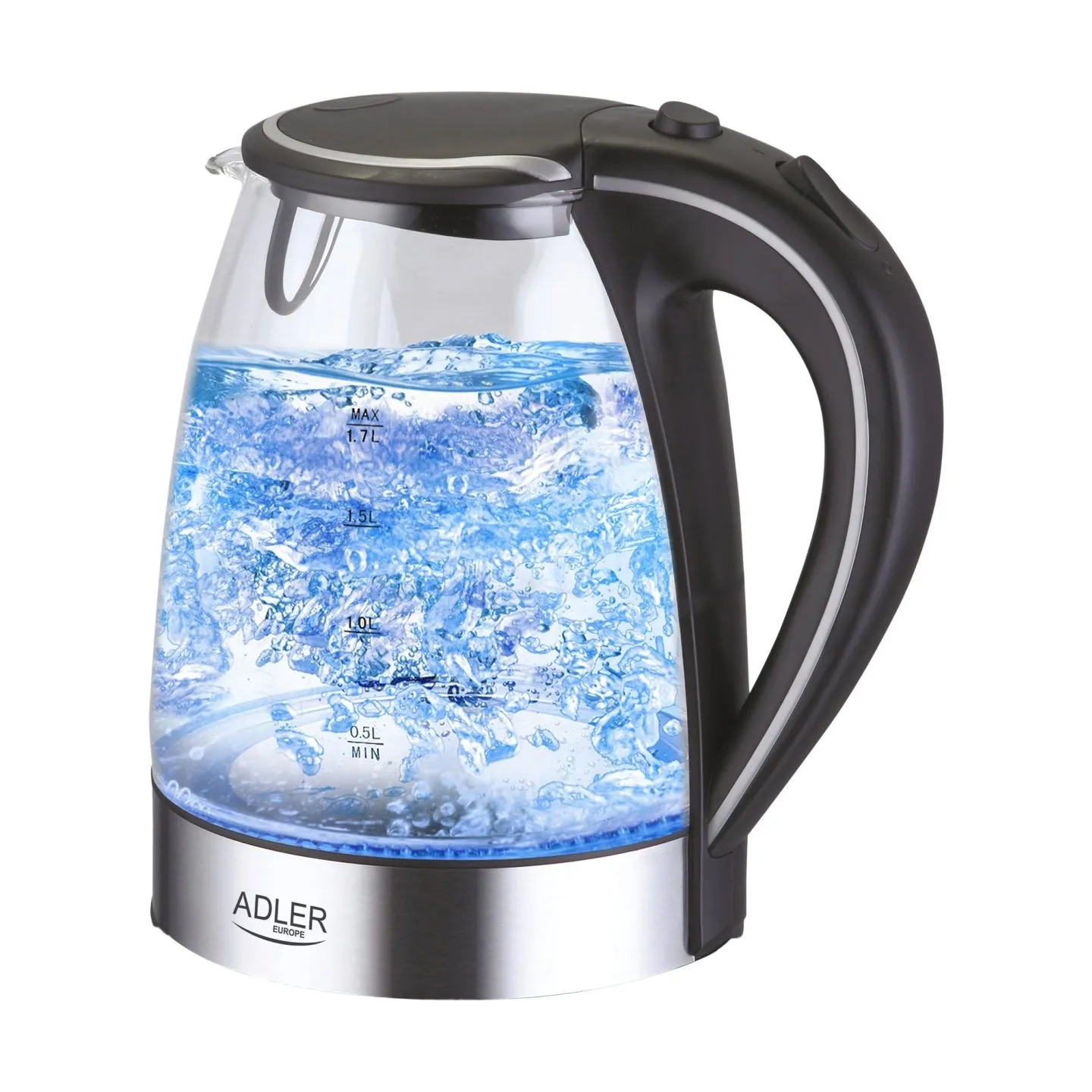 Adler | Kettle | AD 1225 | Standard | 2000 W | 1.7 L | Glass | 360° rotational base | Transparent/Stainless steel