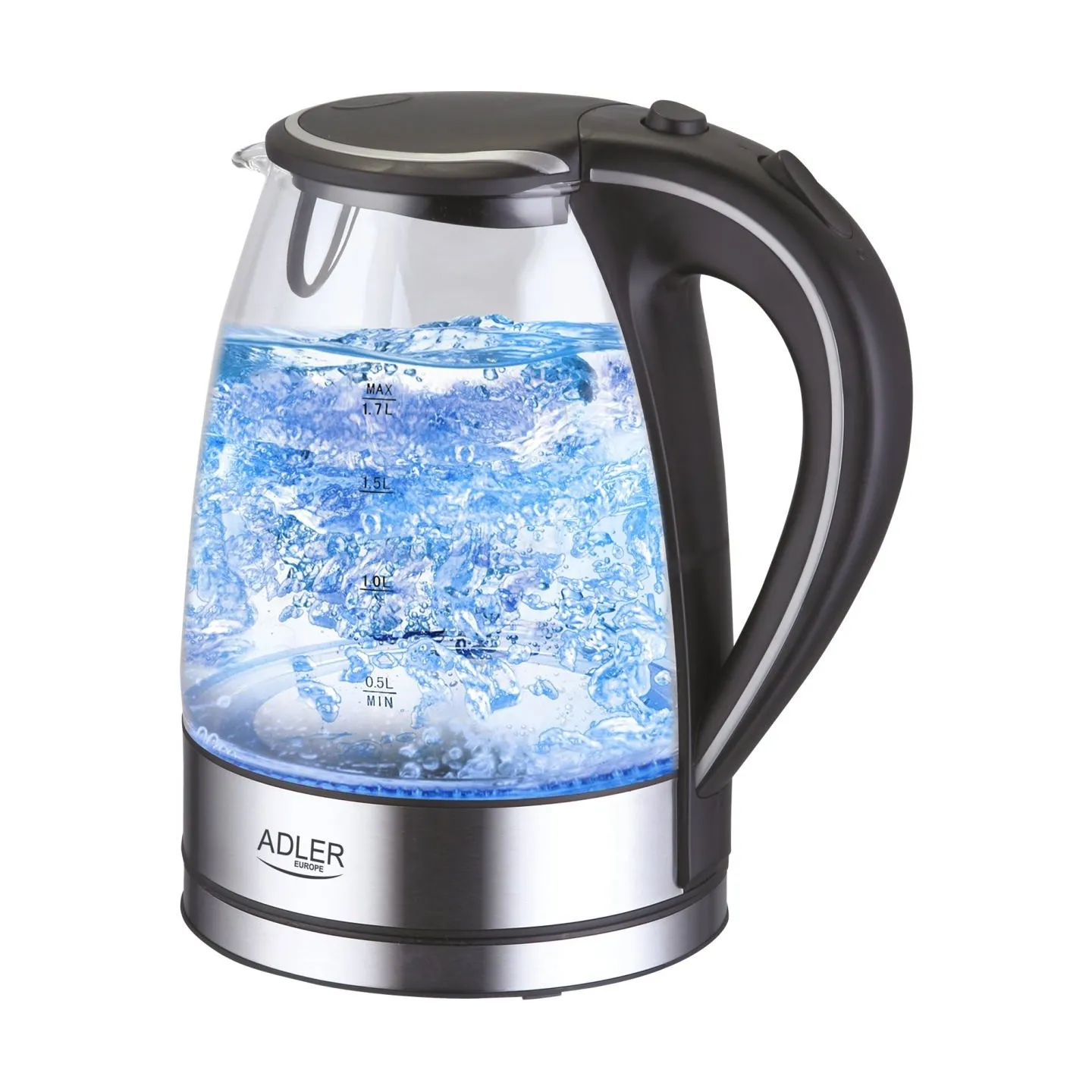 Adler | Kettle | AD 1225 | Standard | 2000 W | 1.7 L | Glass | 360° rotational base | Transparent/Stainless steel