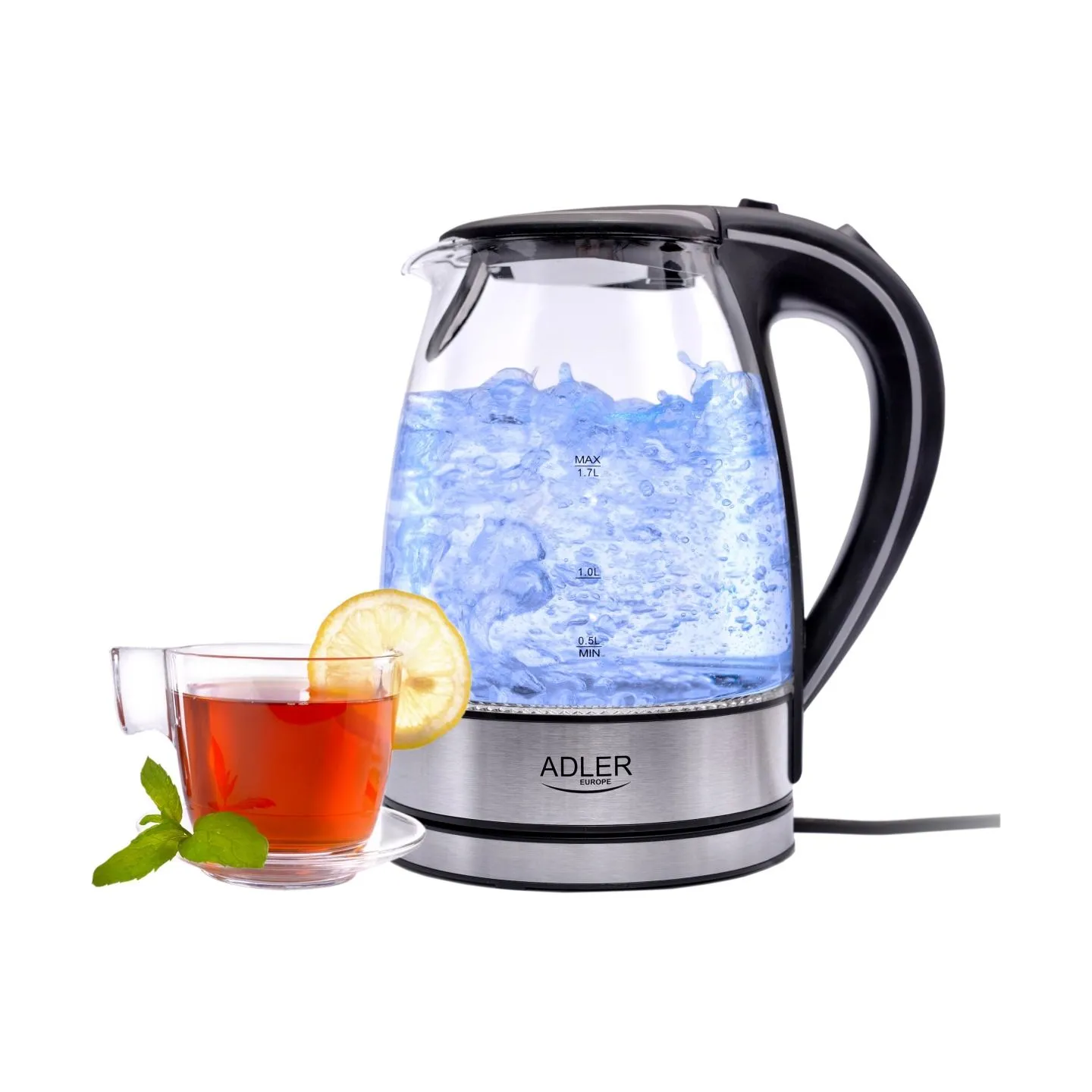 Adler | Kettle | AD 1225 | Standard | 2000 W | 1.7 L | Glass | 360° rotational base | Transparent/Stainless steel