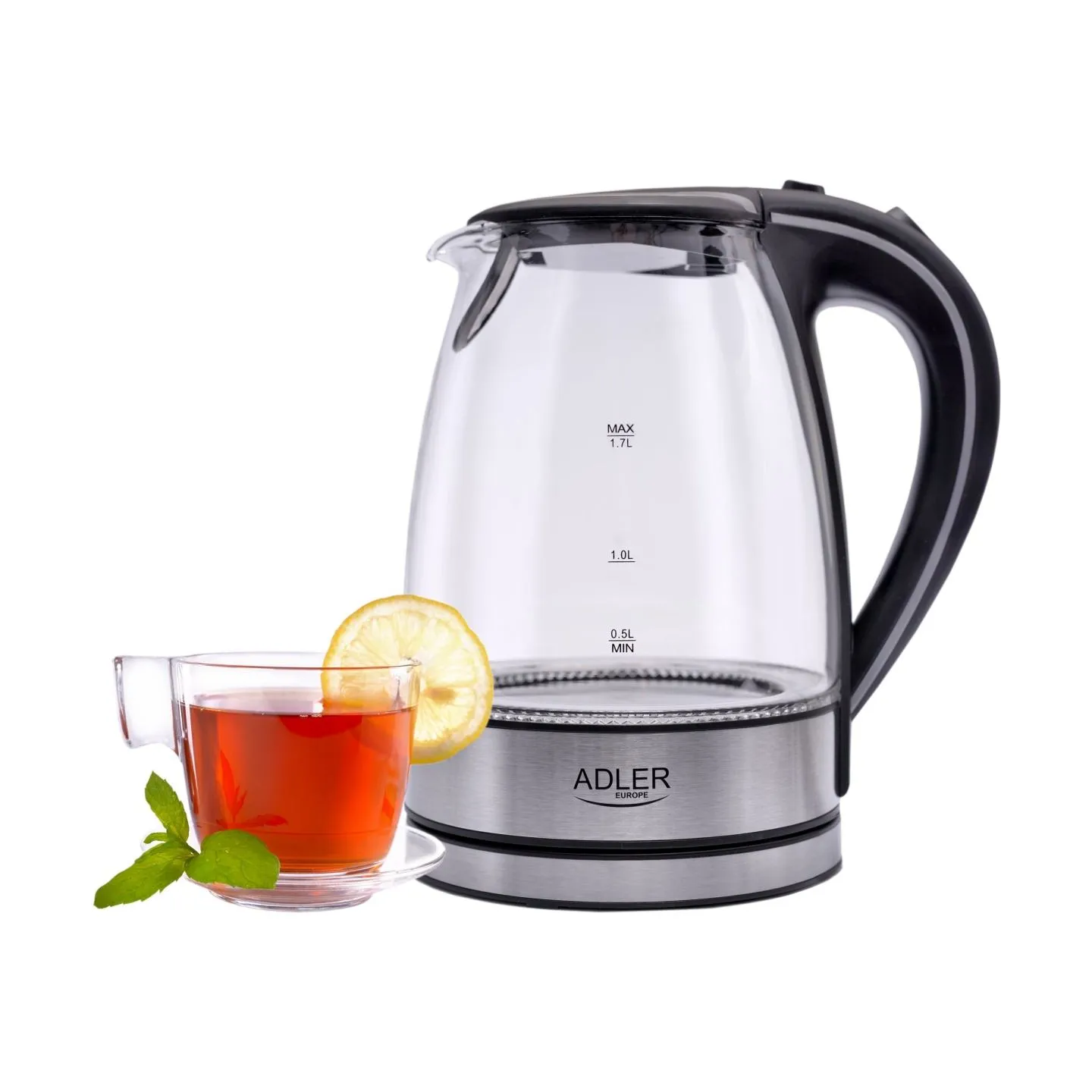 Adler | Kettle | AD 1225 | Standard | 2000 W | 1.7 L | Glass | 360° rotational base | Transparent/Stainless steel