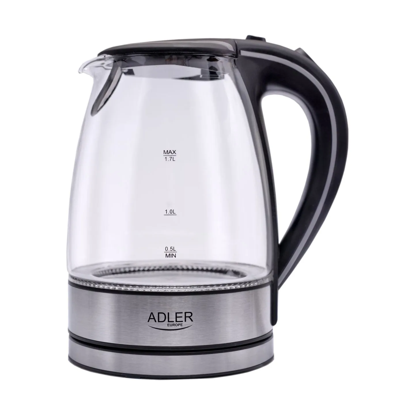 Adler | Kettle | AD 1225 | Standard | 2000 W | 1.7 L | Glass | 360° rotational base | Transparent/Stainless steel