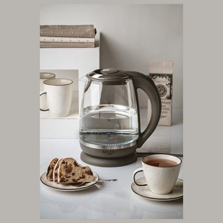 Adler | Kettle | AD 1286 | Standard | 2200 W | 2 L | Plastic/Glass | 360° rotational base | Grey/ transparent