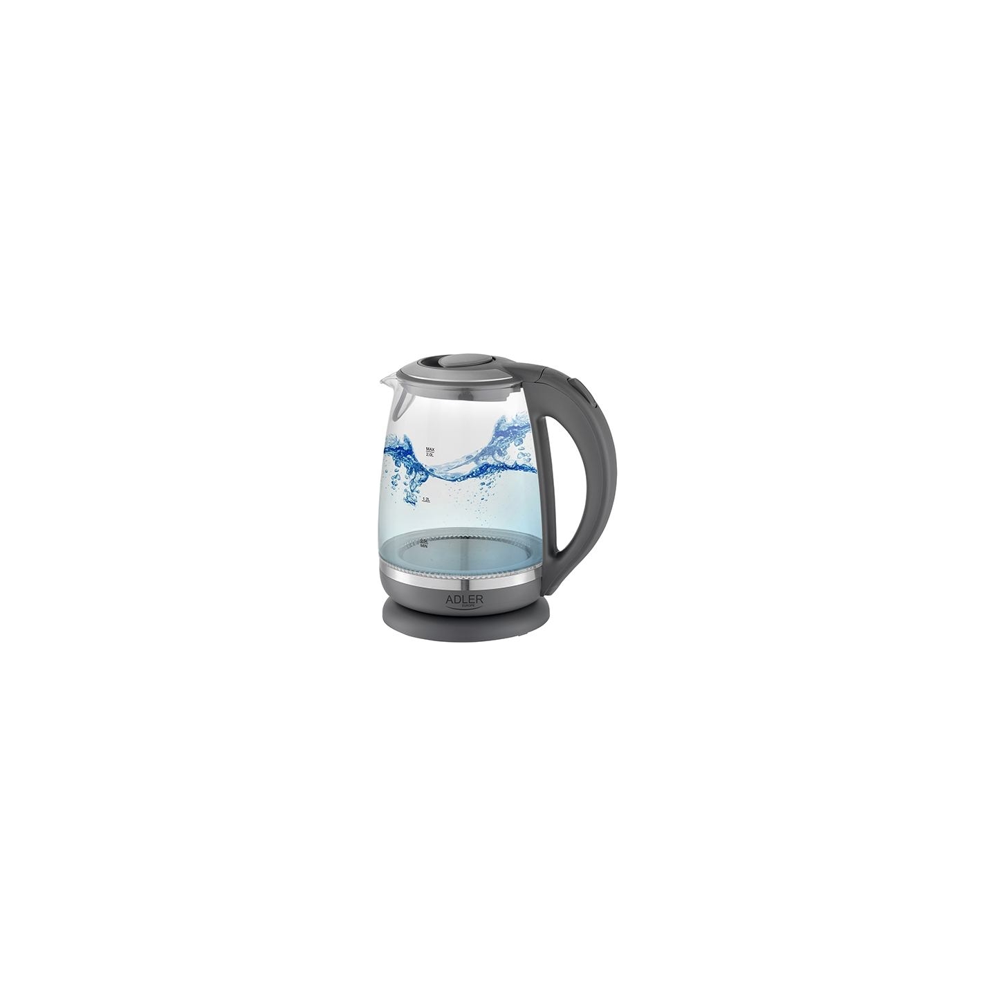 Adler | Kettle | AD 1286 | Standard | 2200 W | 2 L | Plastic/Glass | 360° rotational base | Grey/ transparent