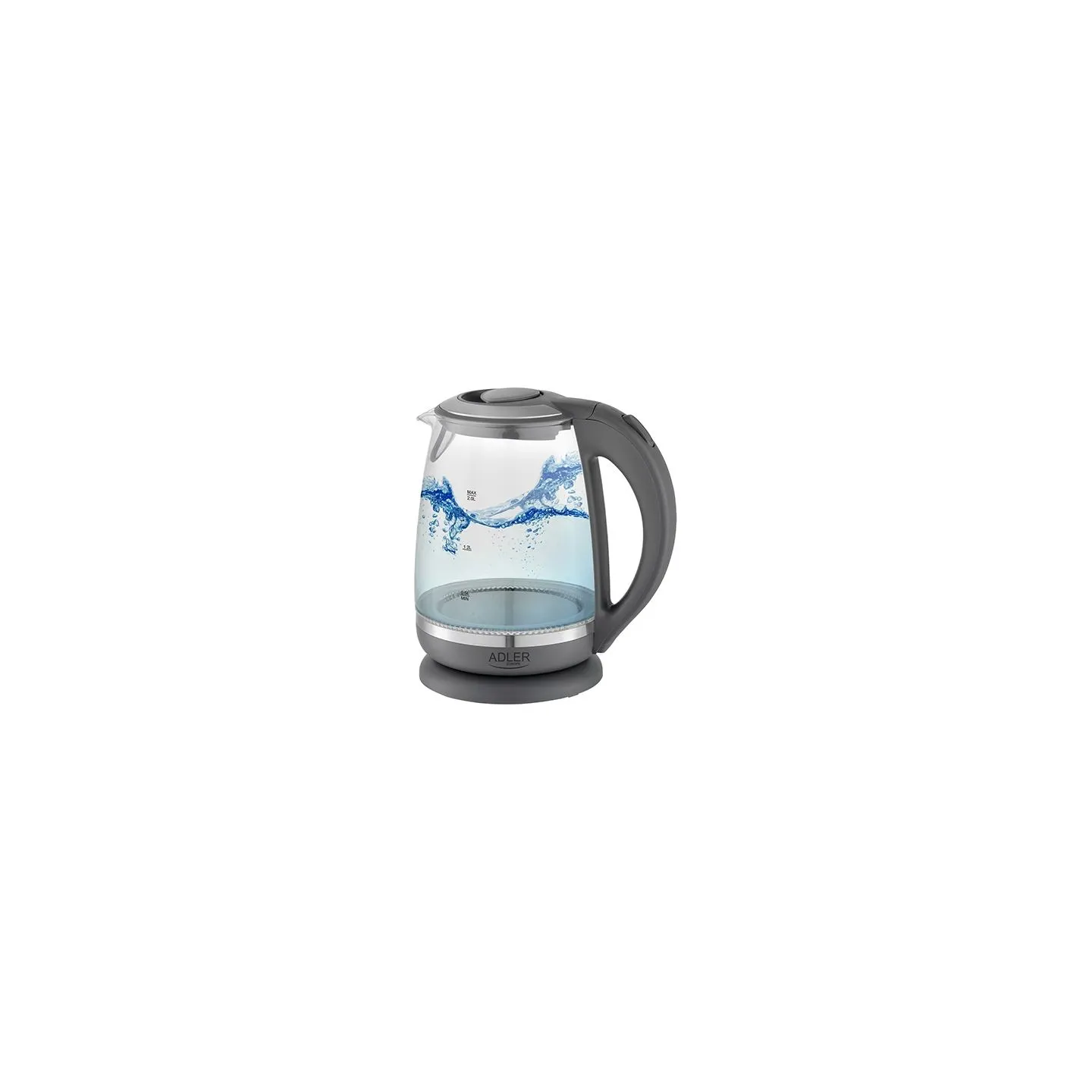 Adler | Kettle | AD 1286 | Standard | 2200 W | 2 L | Plastic/Glass | 360° rotational base | Grey/ transparent