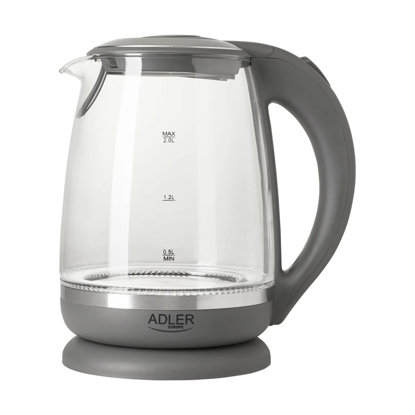 Adler | Kettle | AD 1286 | Standard | 2200 W | 2 L | Plastic/Glass | 360° rotational base | Grey/ transparent