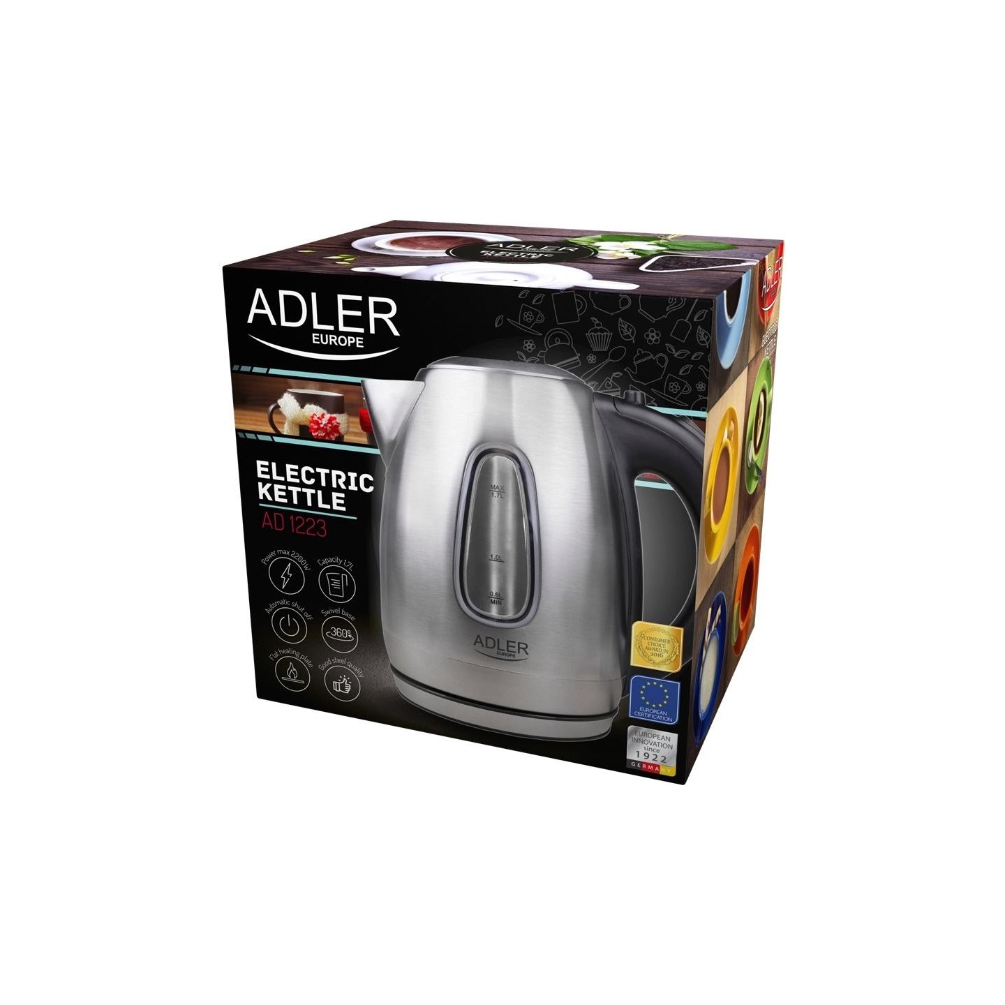 Adler | Kettle | AD 1223 | Standard | 2200 W | 1.7 L | Stainless steel | 360° rotational base | Stainless steel