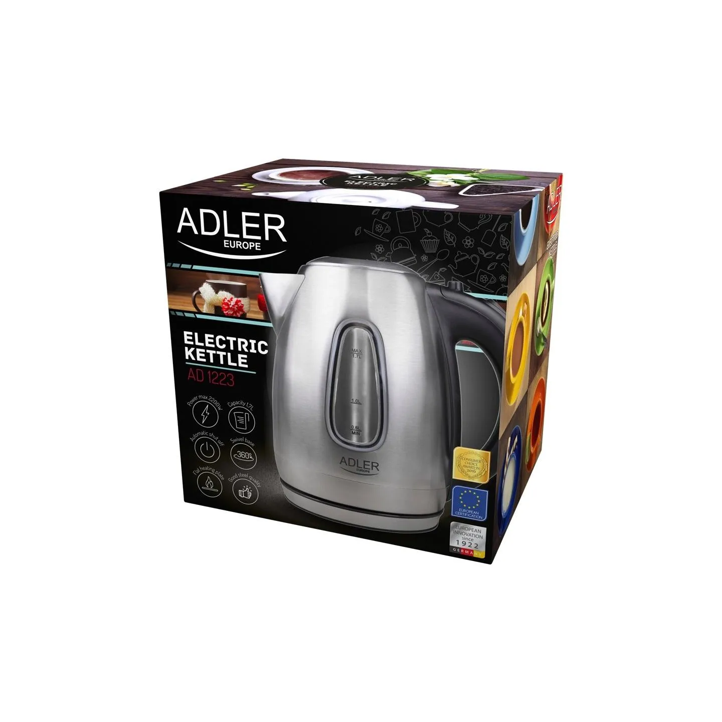 Adler | Kettle | AD 1223 | Standard | 2200 W | 1.7 L | Stainless steel | 360° rotational base | Stainless steel