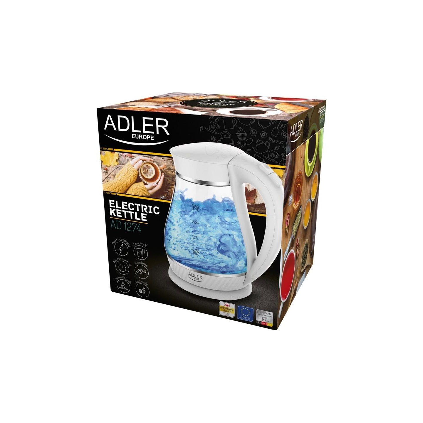 Adler | Kettle | AD 1274 | Electric | 2200 W | 1.7 L | Polypropylene/Glass | 360° rotational base | White