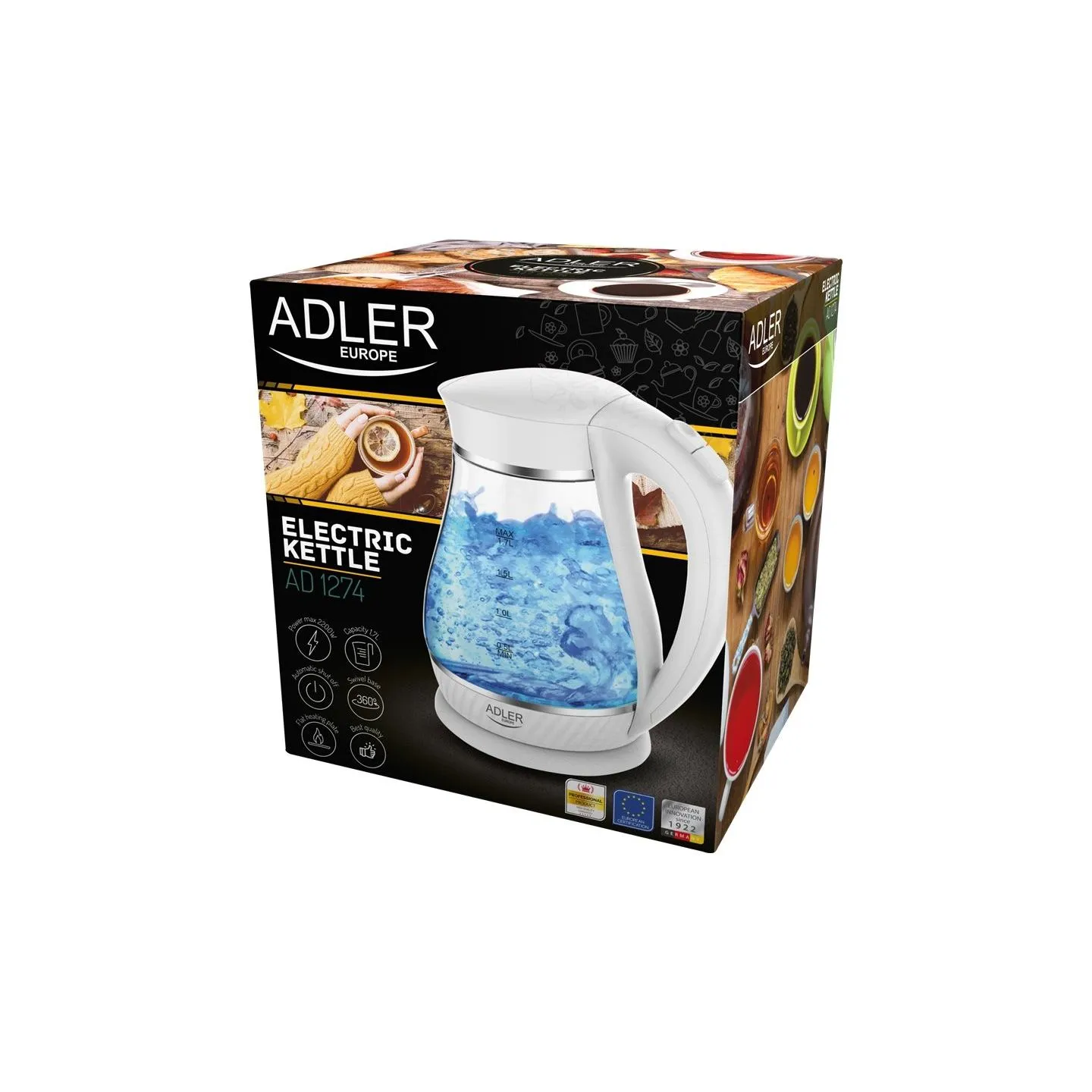 Adler | Kettle | AD 1274 | Electric | 2200 W | 1.7 L | Polypropylene/Glass | 360° rotational base | White