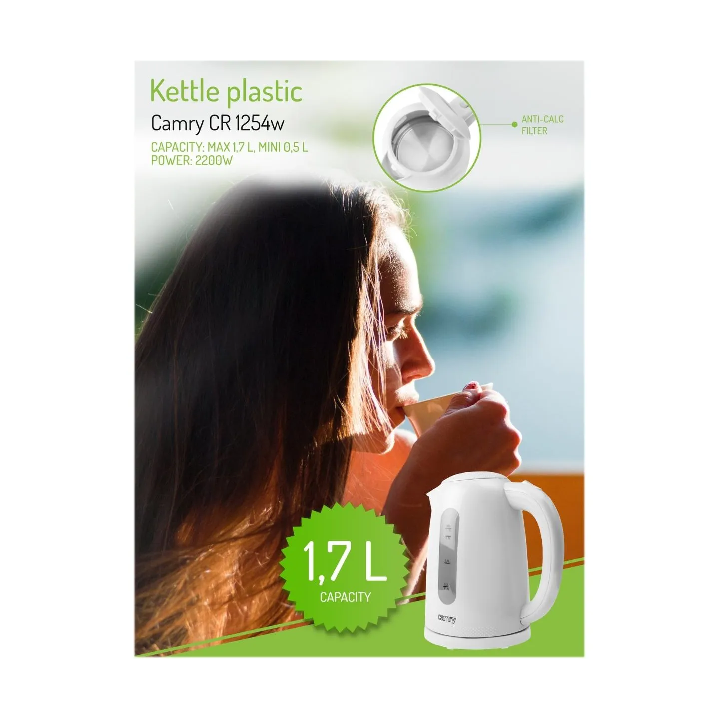 Camry | Kettle | CR 1254 | Standard | 2200 W | 1.7 L | Plastic | 360° rotational base | White