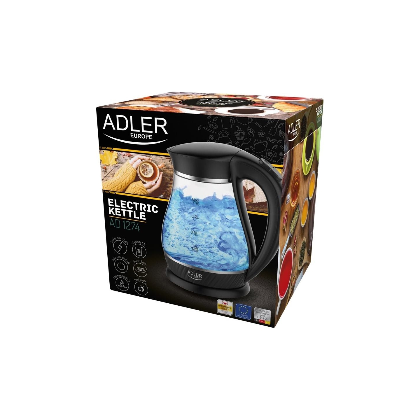 Adler | Kettle | AD 1274 | Standard | 2200 W | 1.7 L | Plastic/Glass | 360° rotational base | Black/ transparent