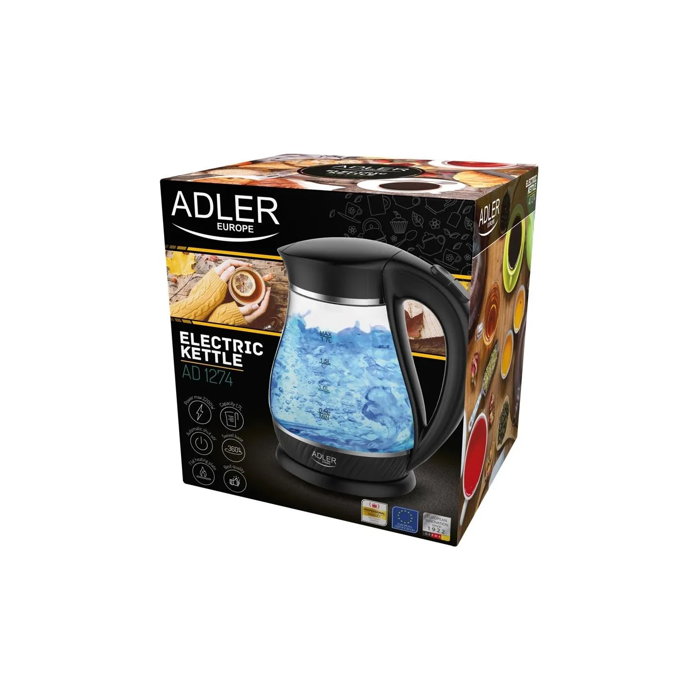 Adler | Kettle | AD 1274 | Standard | 2200 W | 1.7 L | Plastic/Glass | 360° rotational base | Black/ transparent