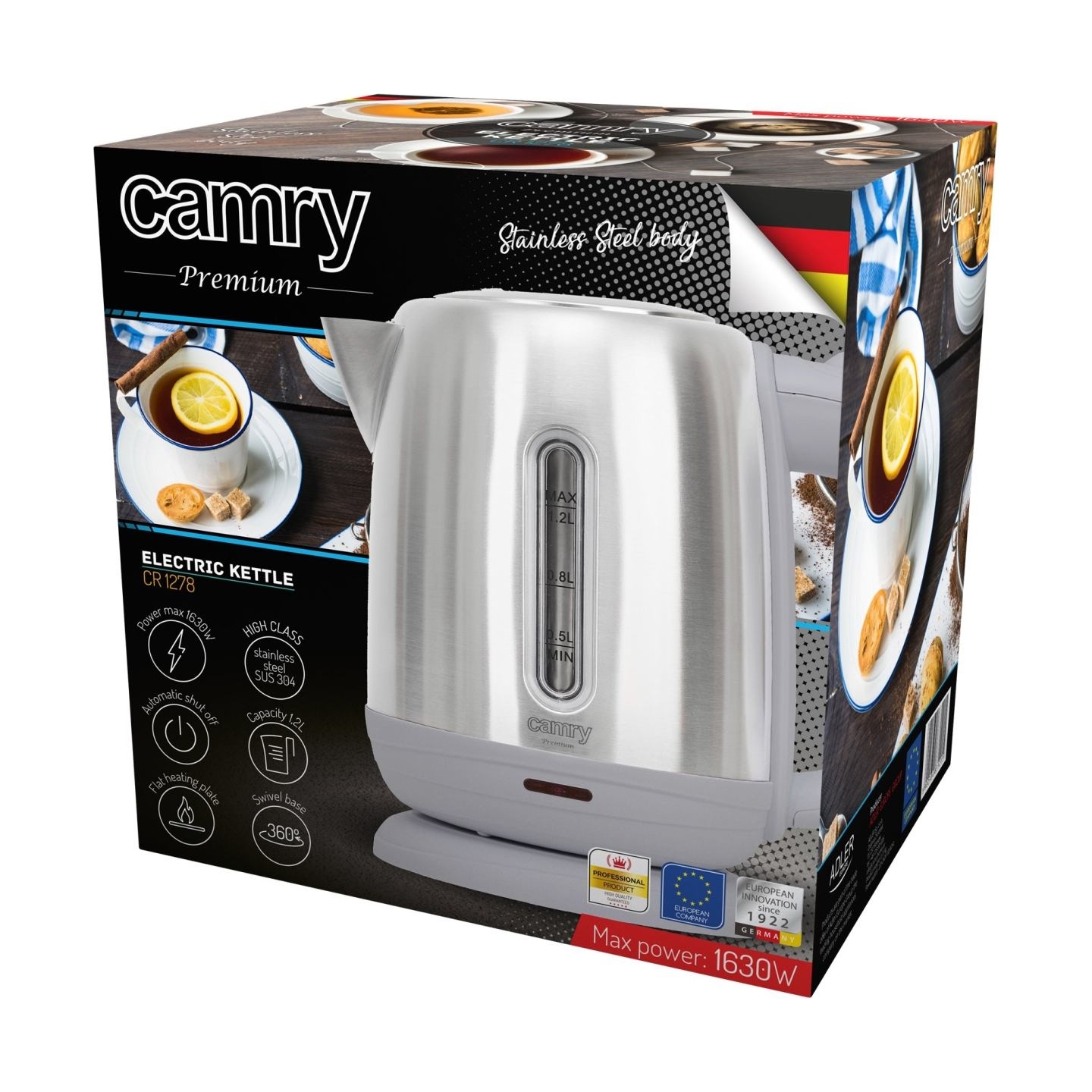 Camry | Kettle | CR 1278 | Standard | 1630 W | 1.2 L | Stainless steel | 360° rotational base | Stainless steel