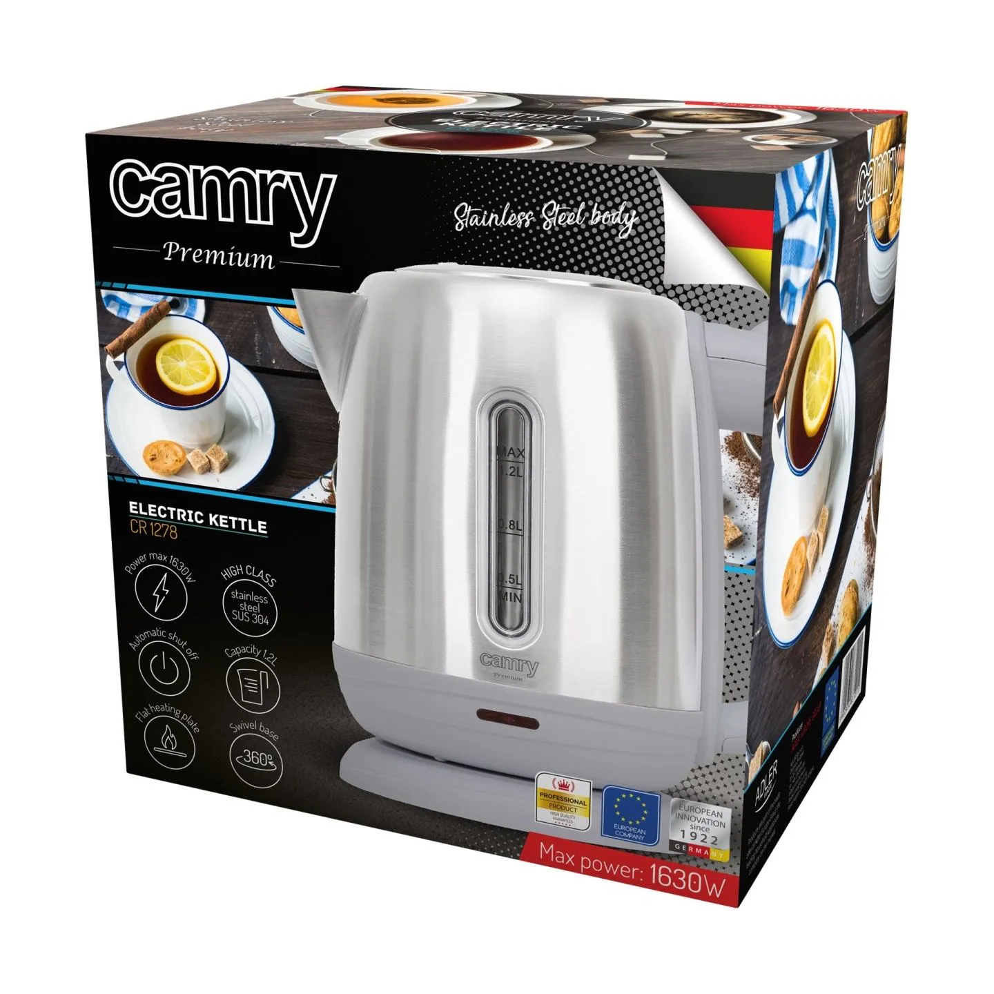 Camry | Kettle | CR 1278 | Standard | 1630 W | 1.2 L | Stainless steel | 360° rotational base | Stainless steel