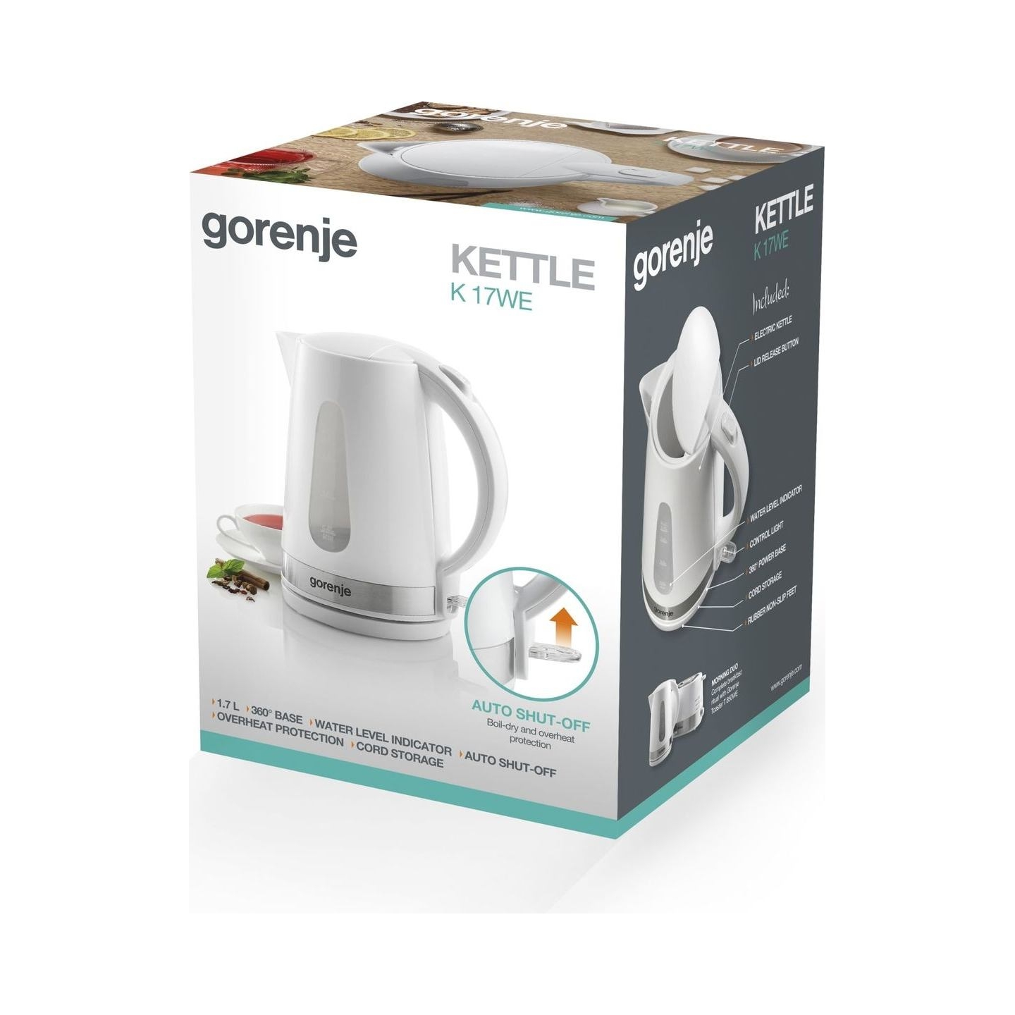 Gorenje | Kettle | K17WE | Electric | 2200 W | 1.7 L | Plastic/Metal | 360° rotational base | White