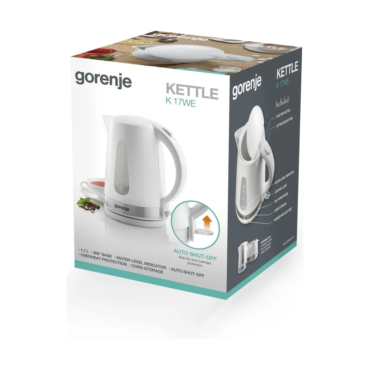 Gorenje | Kettle | K17WE | Electric | 2200 W | 1.7 L | Plastic/Metal | 360° rotational base | White