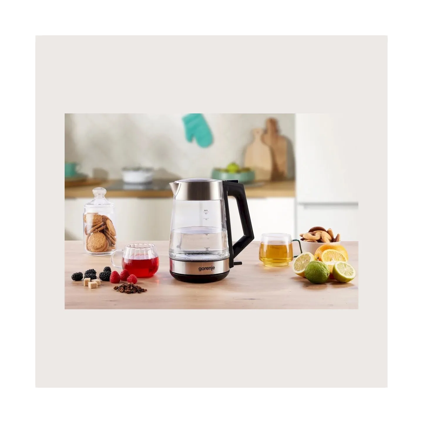 Gorenje K17OGS | Kettle | Electric | 1.7 L | 2200 W | 360° rotational base | Stainless steel/Glass | Stainless steel