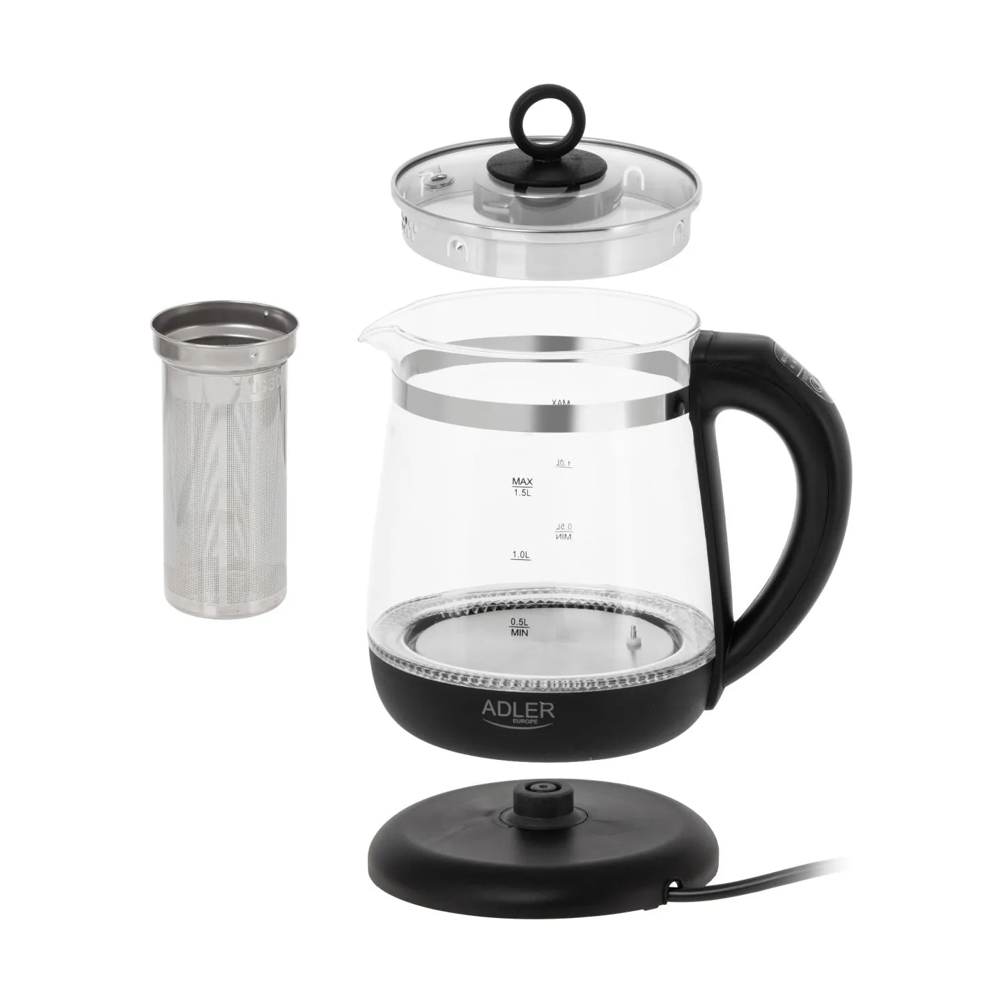 Adler Kettle | AD 1299 | Electric | 2200 W | 1.5 L | Glass | 360° rotational base | Black