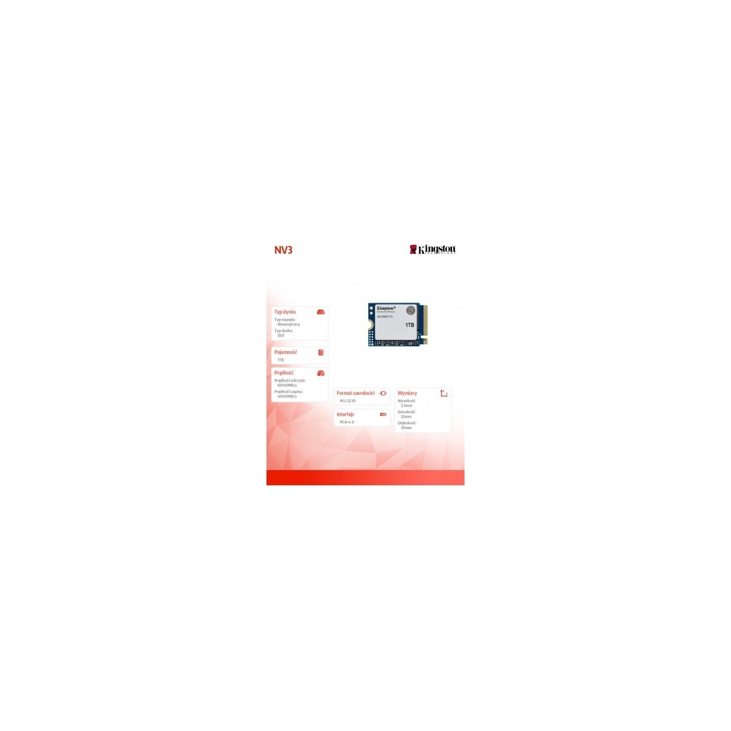 Kingston SSD | NV3 | 1000 GB | SSD form factor M.2 2230 | Solid-state drive interface PCIe 4.0 x4 NVMe | Read speed 6000 MB/s | 