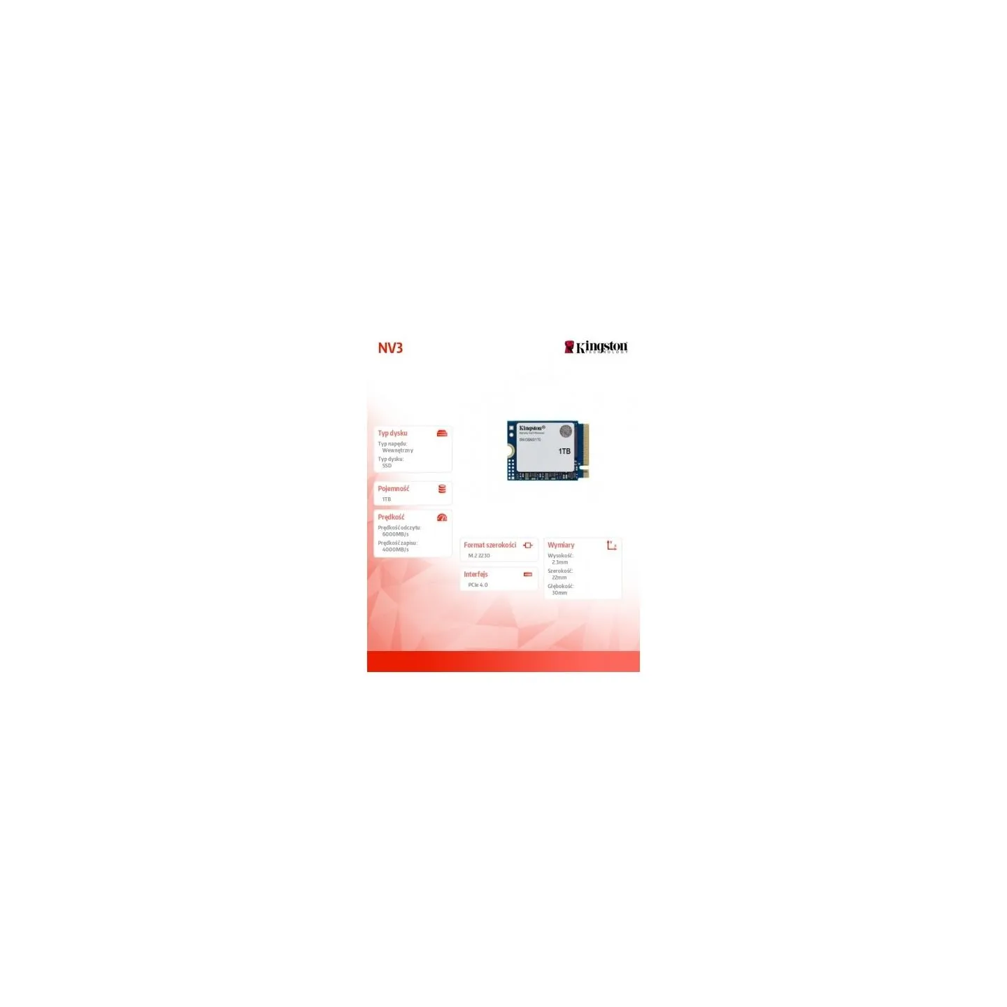 Kingston SSD | NV3 | 1000 GB | SSD form factor M.2 2230 | Solid-state drive interface PCIe 4.0 x4 NVMe | Read speed 6000 MB/s | 