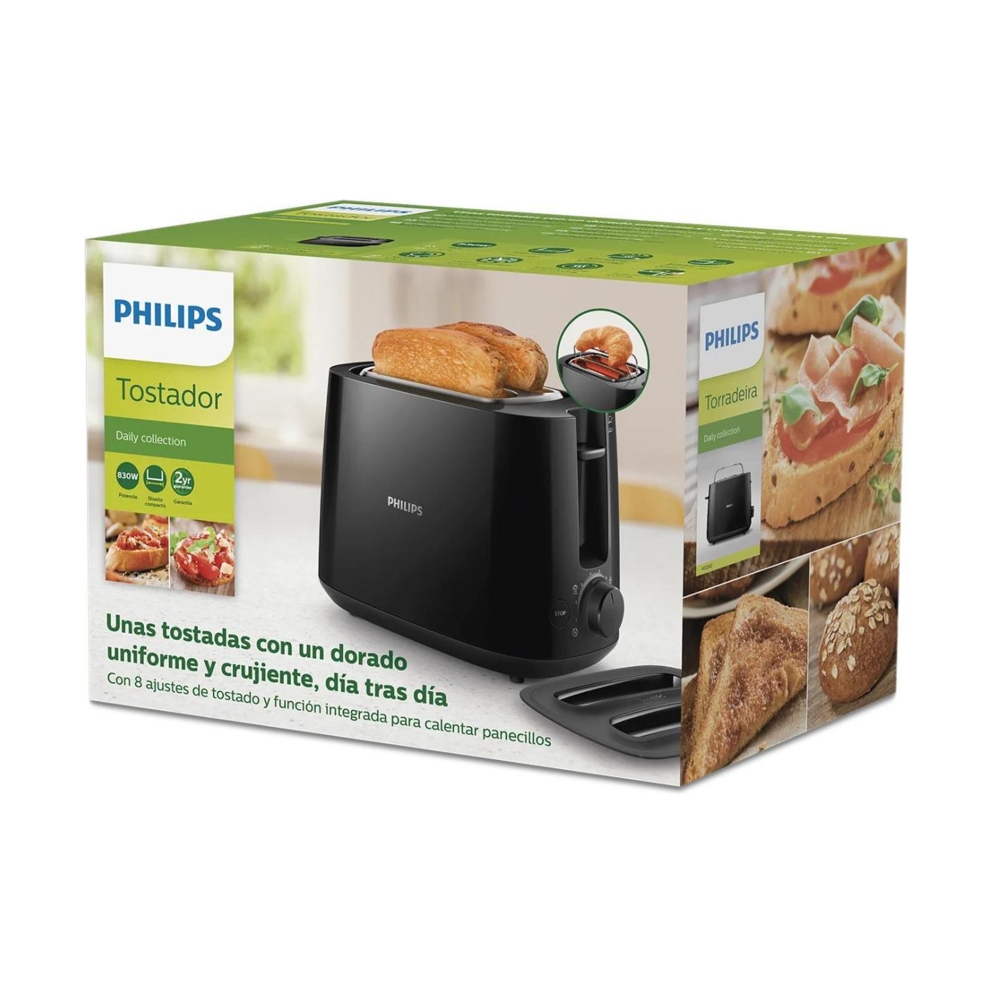 Philips Daily Collection Toaster HD2582/90 8 settings Integrated bun warming rack Compact design Dust cover / HD2582/90
