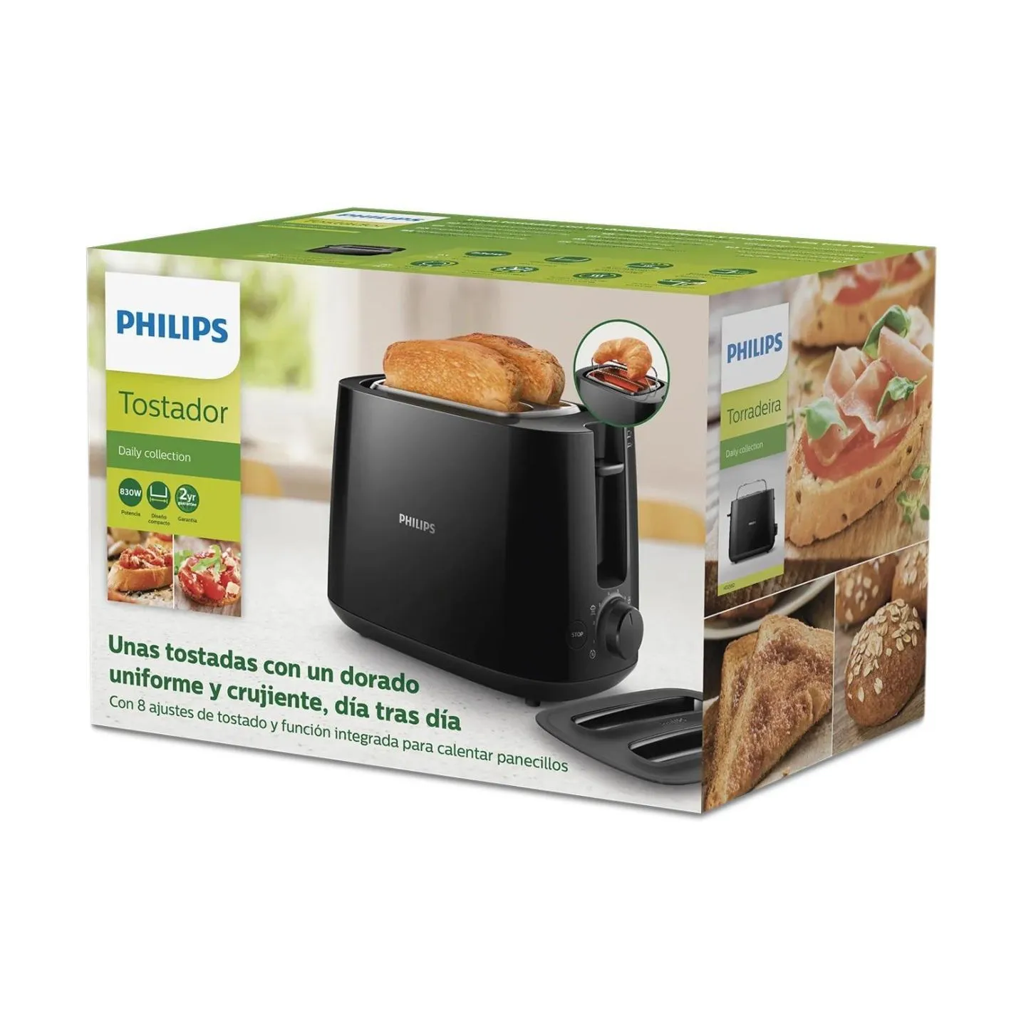 Philips Daily Collection Toaster HD2582/90 8 settings Integrated bun warming rack Compact design Dust cover / HD2582/90