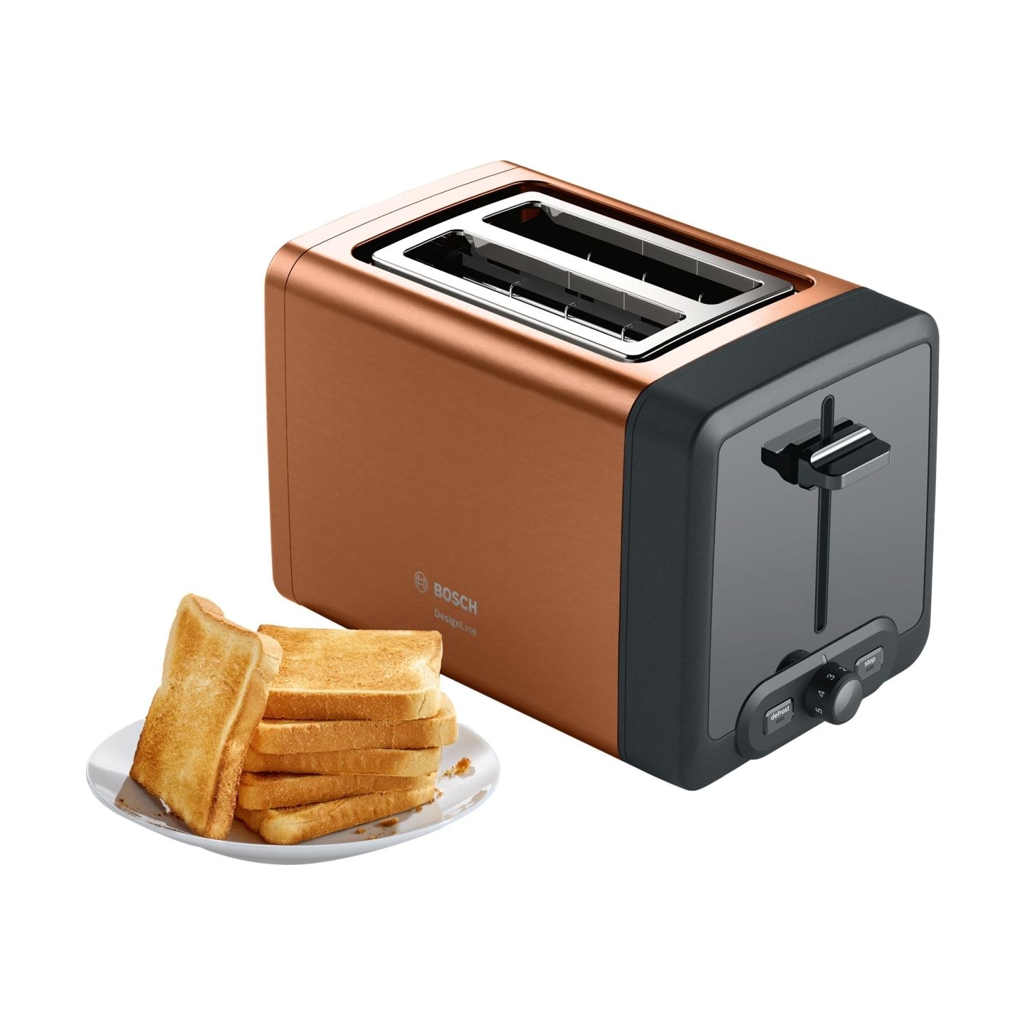 Bosch | DesignLine Toaster | TAT4P429 | Power 970 W | Number of slots 2 | Housing material Stainless Steel | Copper/Black
