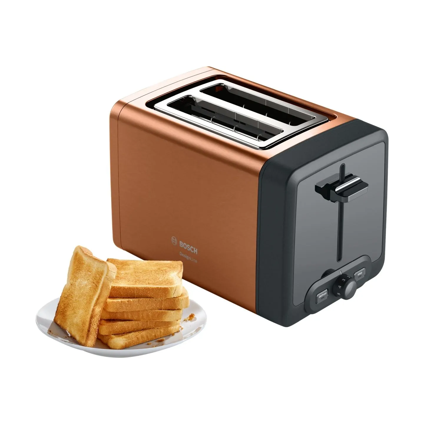 Bosch | DesignLine Toaster | TAT4P429 | Power 970 W | Number of slots 2 | Housing material Stainless Steel | Copper/Black
