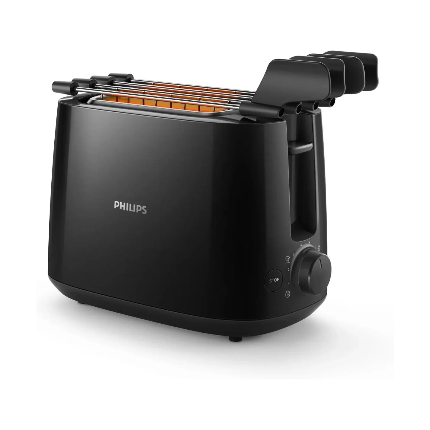 Philips Daily Collection Toaster HD2583/90, Plastic, 2-slot, bun warmer, sandwich rack, black / HD2583/90