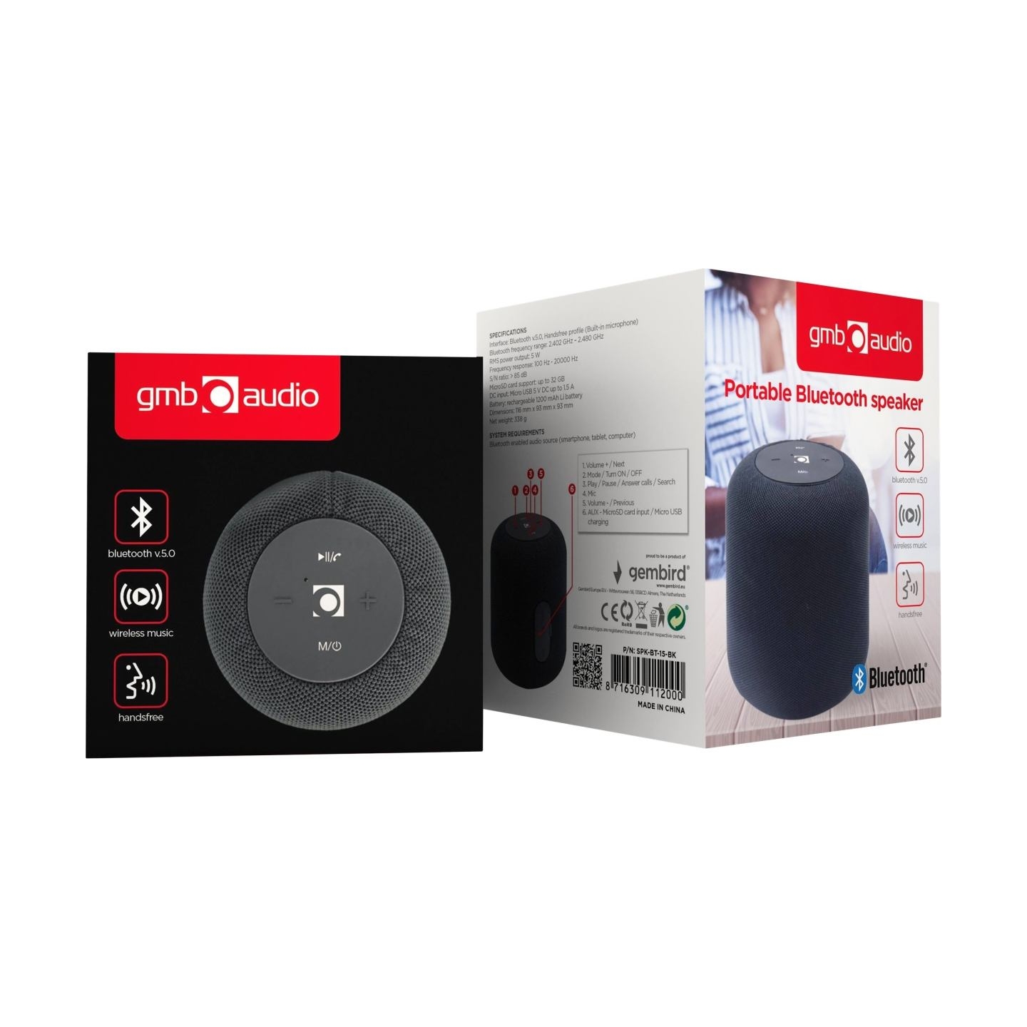 Gembird SPK-BT-15-BK Portable Bluetooth speaker, Wireless, 5 W, 1200 mAh, Black | Gembird