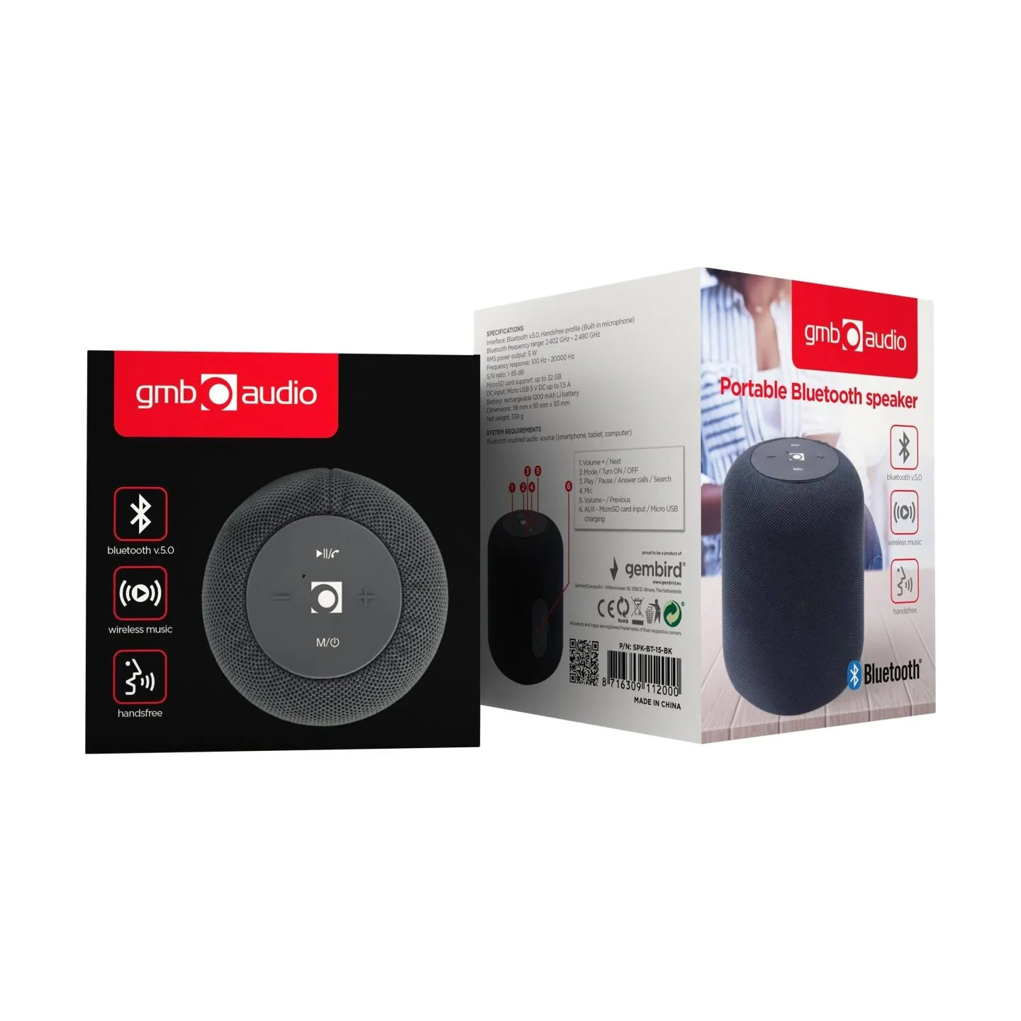 Gembird SPK-BT-15-BK Portable Bluetooth speaker, Wireless, 5 W, 1200 mAh, Black | Gembird