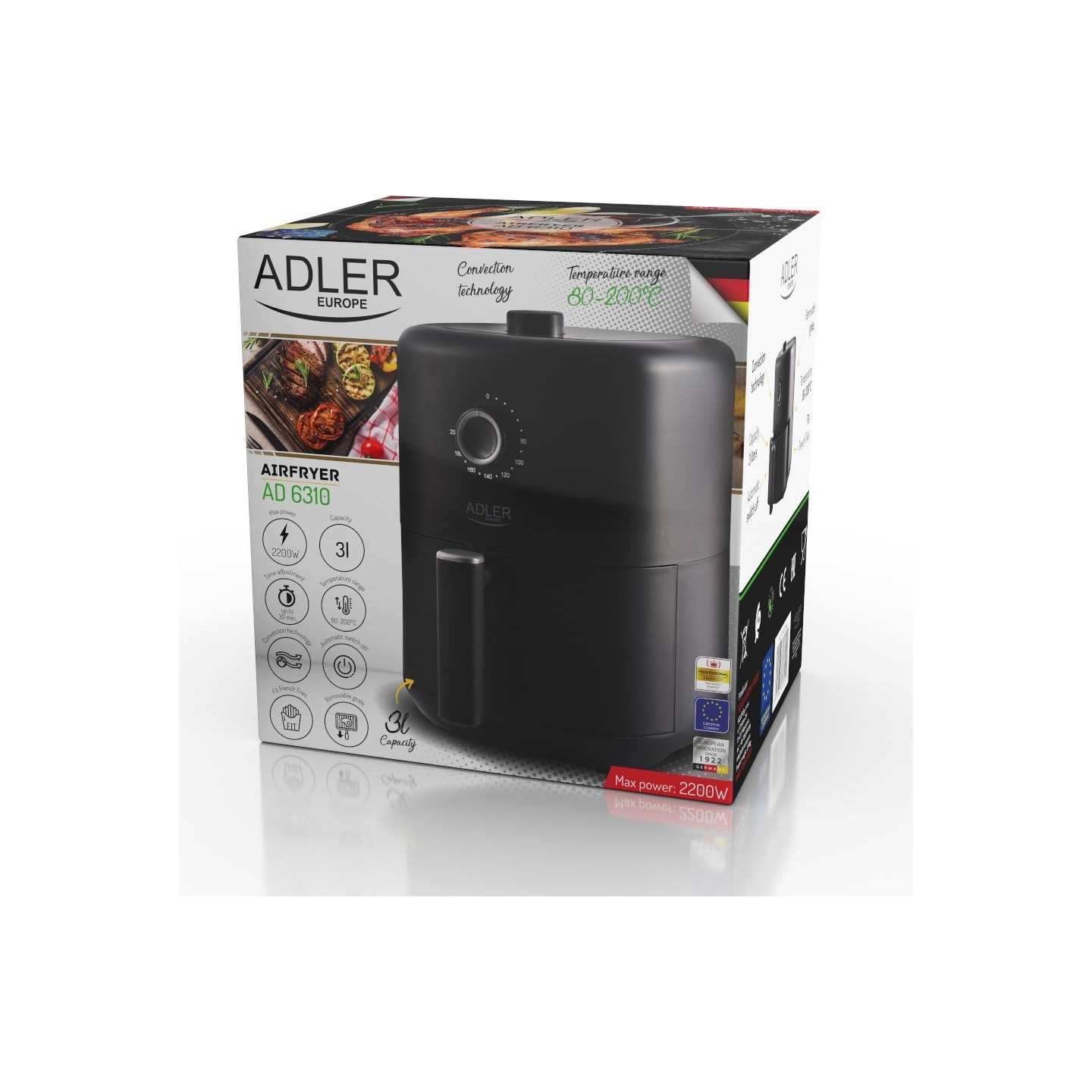 Adler | Airfryer | AD 6310 | Power 2200 W | Capacity 3 L | High-volume hot-air circulation technology | Black