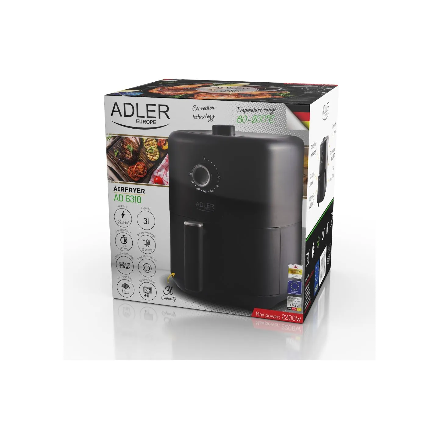 Adler | Airfryer | AD 6310 | Power 2200 W | Capacity 3 L | High-volume hot-air circulation technology | Black