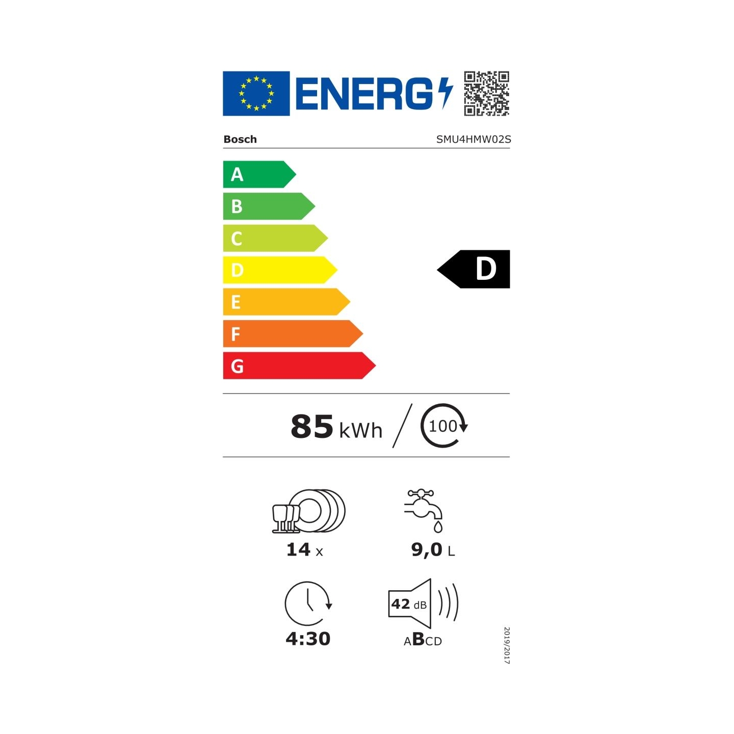 Bosch Dishwasher | SMU4HMW02S | Built-in | Width 60 cm | Number of place settings 14 | Number of programs 6 | Energy efficiency 