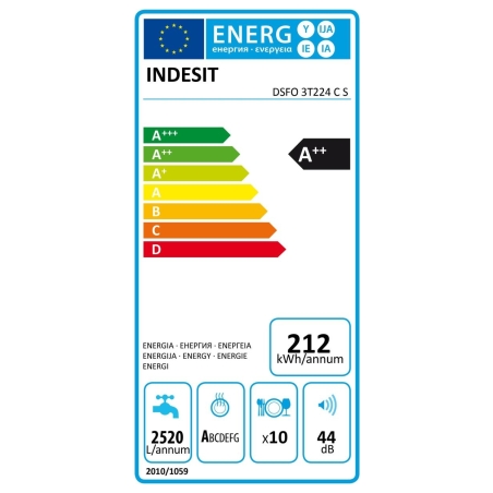 Indesit Dishwasher | DSFO 3T224 C S | Free standing | Width 45 cm | Number of place settings 10 | Number of programs 9 | Energy 