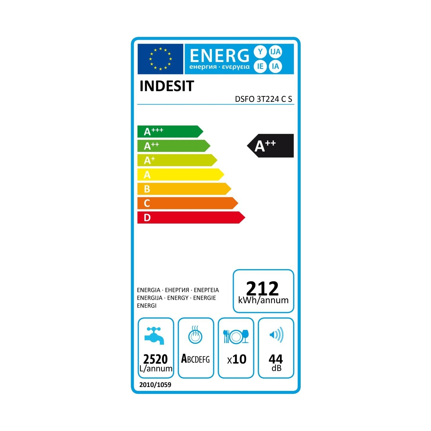 Indesit Dishwasher | DSFO 3T224 C S | Free standing | Width 45 cm | Number of place settings 10 | Number of programs 9 | Energy 