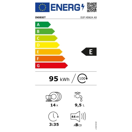 Indesit Dishwasher | D2F HD624 AS | Free standing | Width 60 cm | Number of place settings 14 | Number of programs 9 | Energy ef