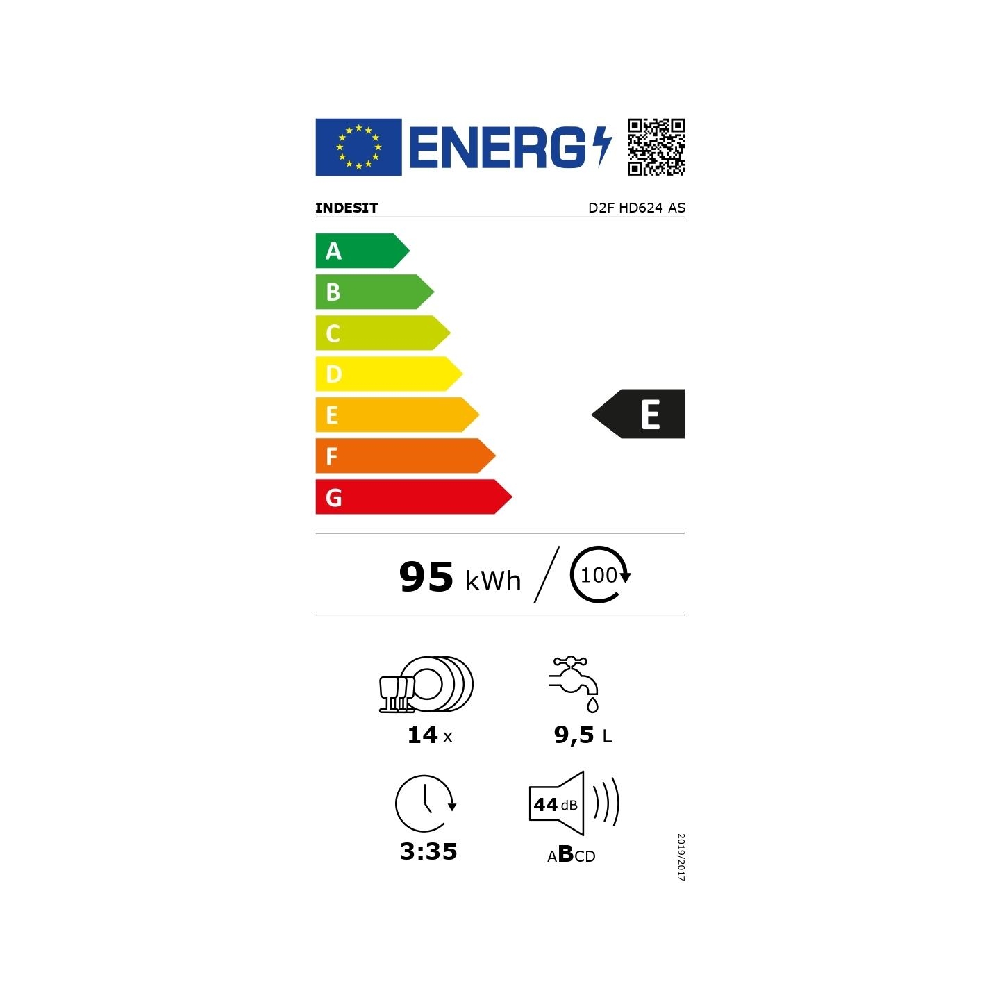 Indesit Dishwasher | D2F HD624 AS | Free standing | Width 60 cm | Number of place settings 14 | Number of programs 9 | Energy ef