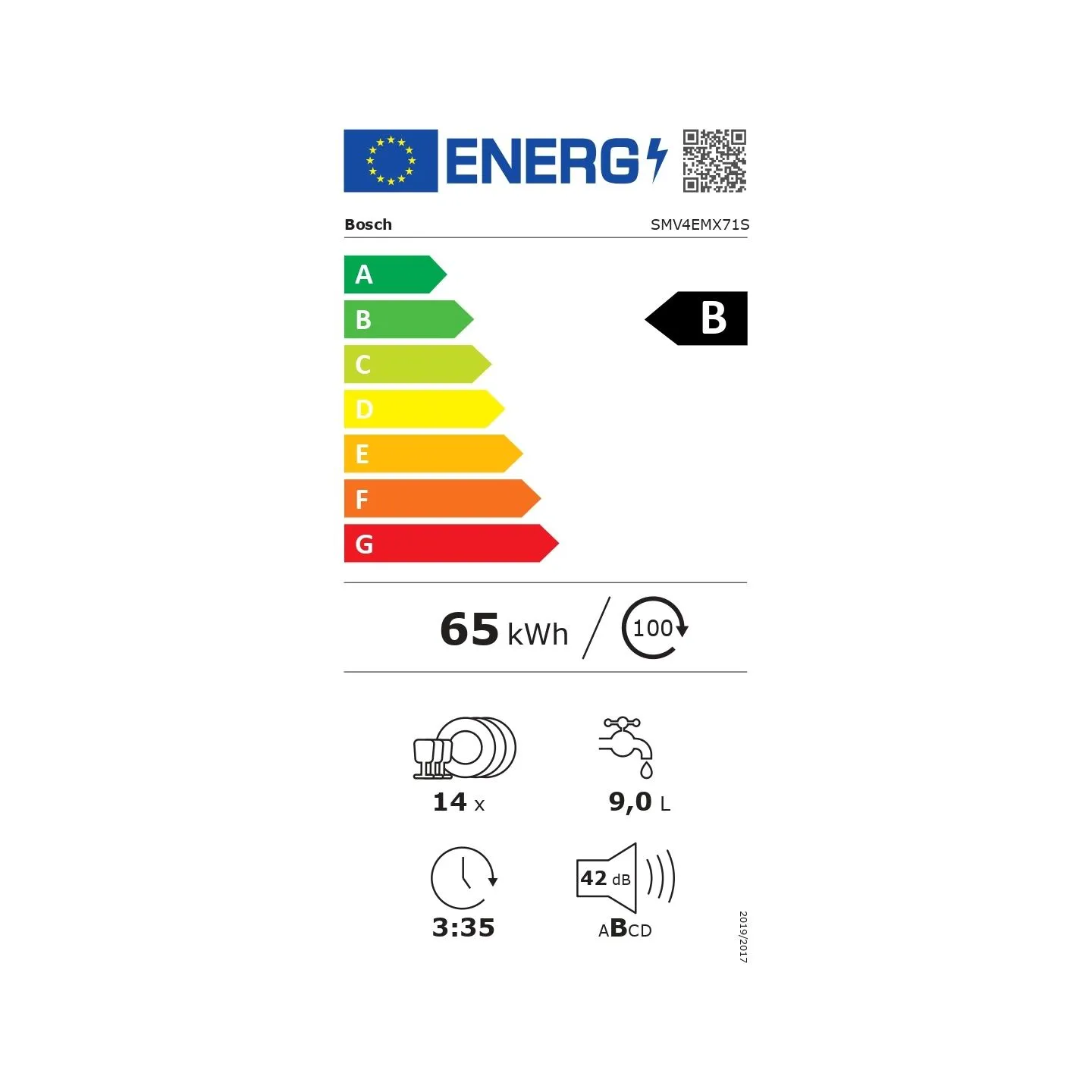 Bosch Dishwasher | SMV4EMX71S | Built-in | Width 60 cm | Number of place settings 14 | Number of programs 6 | Energy efficiency 