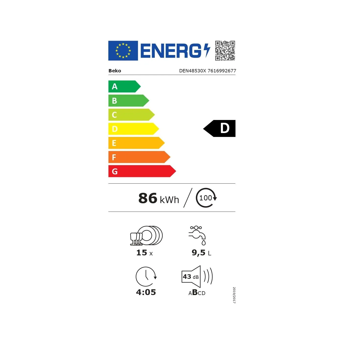 Beko Dishwasher | DEN48530X | Freestanding | Width 60 cm | Number of place settings 15 | Number of programs 8 | Energy efficienc
