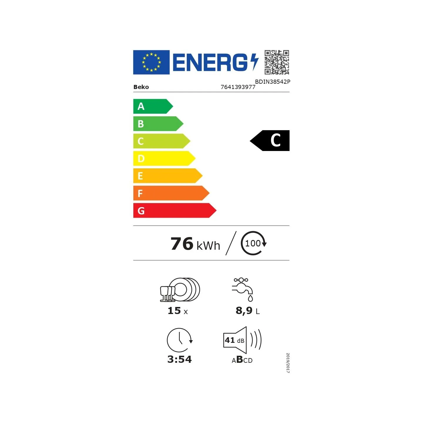Beko Built-In Dishwasher BDIN38542P, Energy Class C, SelfDry, Led spot / BDIN38542P