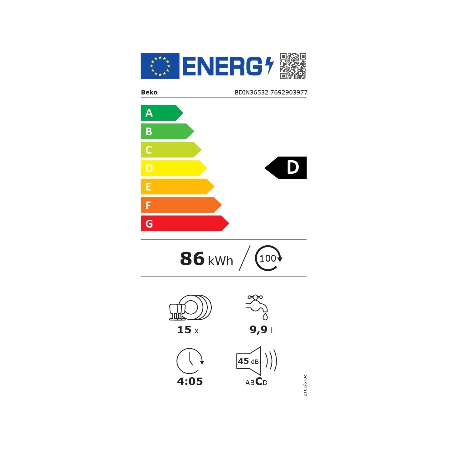Beko Dishwasher | BDIN36532 | Built-in | Width 60 cm | Number of place settings 15 | Number of programs 6 | Energy efficiency cl